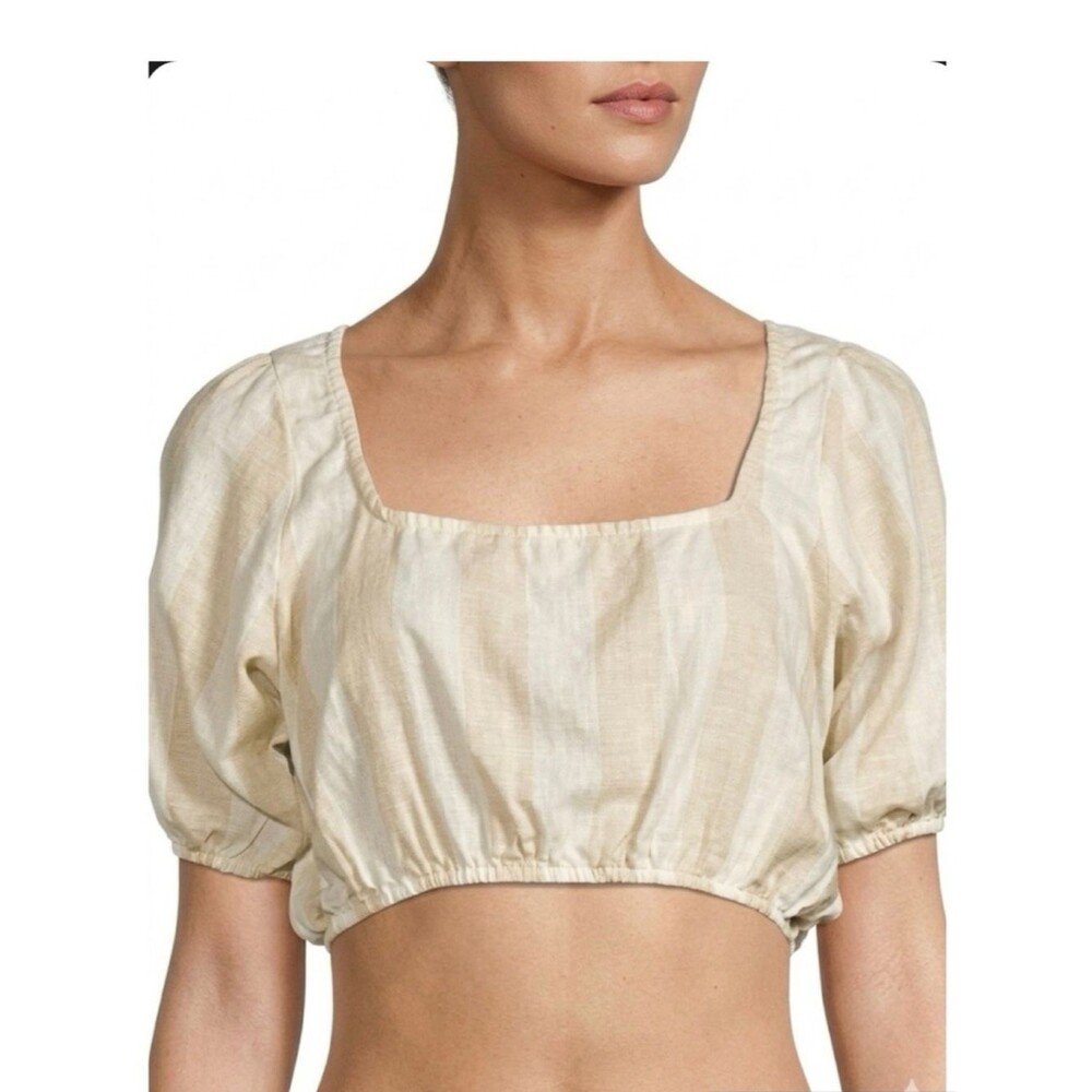 WeWoreWhat Cream/ Ivory Striped Linen Blend Crop Blouse Size Medium Cottage Boho